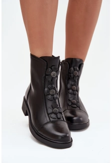 Kožené dámské kotníkové boty s ozdobnými květinami, zateplené Belverine – černé