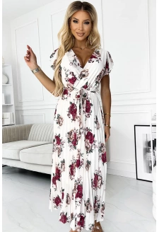 434-8 LISA Plisowana sukienka midi z dekoltem i falbankami - ecru + bordowe kwiaty