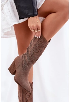 Dámské perforované kozačky ve stylu kovbojek na sloupkovém podpatku S.Barski – hnědé, eko kůže