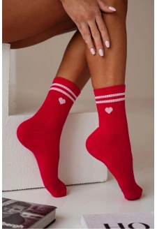 Dámské bavlněné ponožky srdce a proužky – červené