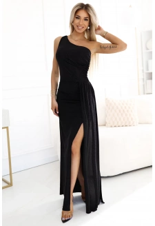 600-1 SELENA zjawiskowa długa sukienka na jedno ramię z brokatowym połyskiem i rozcięciem na nodze – CZARNA