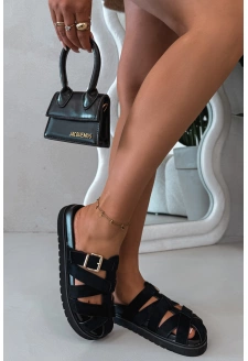 Dámské pantofle s pásky a zlatou přezkou Roselisse – černé