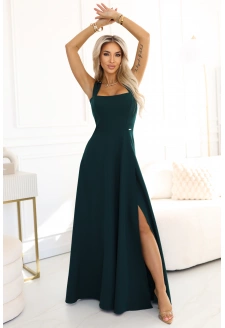 633-2 AURELIA długa sukienka z rozcięciem na nogę i dekoltem w caro - zieleń butelkowa