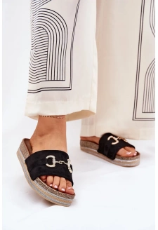 Dámské pantofle na platformě se zlatou ozdobou a brokalem – černé