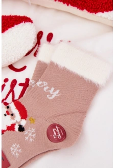 Dětské vánoční ponožky s kožíškem a Santou z alpaka vlny – tmavě béžové
