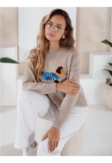 Damski sweter z aplikacją psa CHICPAWS beżowy Dstreet MY2543