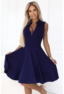 573-2 Ekskluzywna sukienka z rozkloszowanym dołem i złotym zamkiem - GRANATOWA