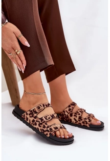 Dámské pantofle s pásky a přezkami s panteřím vzorem – hnědé Uliri