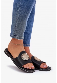 Dámské pantofle z eko kůže s ozdobou na plochém podpatku Tatereia – černé