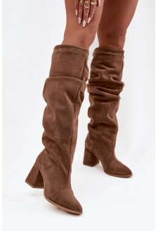 Dámské zateplené kozačky na podpatku Zazoo – světle hnědé, pravý semiš