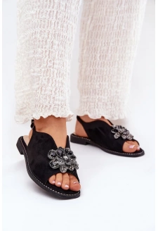 Dámské sandály na nízkém podpatku s ozdobou S.Barski – černé