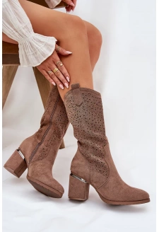 Dámské perforované kozačky do poloviny lýtka ve stylu kovbojek S.Barski – hnědé, eko kůže