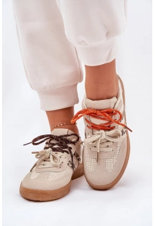 Dámské tenisky s dvojitým šněrováním – béžové s panterím vzorem