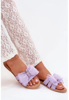 Dámské pantofle na nízkém podpatku s tylovou mašlí – fialové