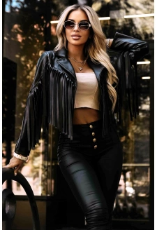 624-3 Krótka ramoneska z frędzlami z miękkiej eco skóry - czarna