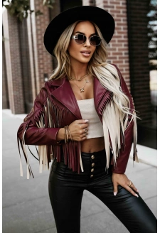 624-2 Krótka kurtka z frędzlami z miękkiej eco skóry - bordowa