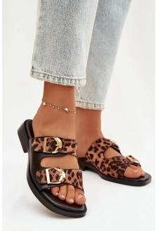 Dámské pantofle se zlatými přezkami – černo-hnědé s panteřím vzorem Danelle