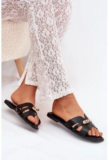Dámské ploché pantofle s páskem a zlatým detailem – černé Kerenza