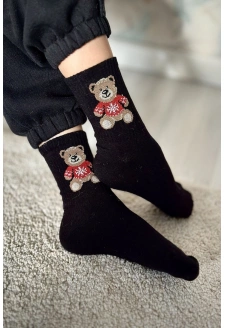 Dětské a juniorské ponožky s medvídkem ve svetru – černé
