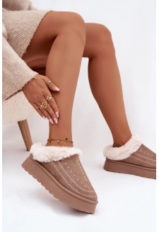 Dámské sněhule na platformě s kožíškem a dekorativním prošíváním – tmavě béžové Arelina