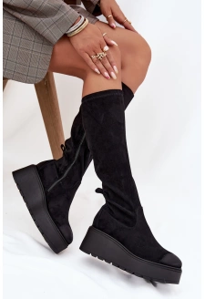 Dámské kozačky nad kolena na platformě a klínku Vinceza – černé