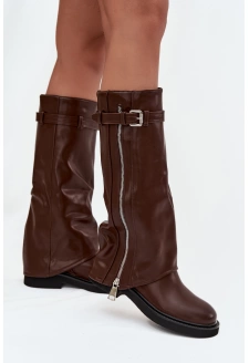 Dámské kozačky s ohrnovaným svrškem, sponou a stříbrným zipem, zateplené Bressa – hnědé
