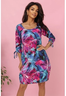 323-2 Wygodna sukienka oversize z wiązaniem na rękawkach - kolorowe kwiaty