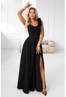 643-2 Elegancka wieczorowa suknia maxi z rozcięciem i różami - klasyczna czerń