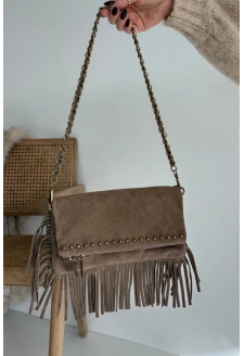 Dámská semišová kabelka s třásněmi na řetízku Narella – tmavě béžová