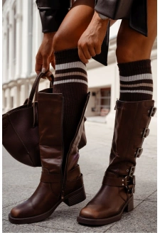 Dámské podkolenky v žebrování s proužky – čokoládové