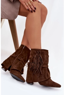 Dámské kotníkové boty na sloupkovém podpatku s třásněmi a zlatými přezkami Evelisse – hnědé