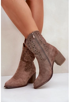 Dámské kožené kotníkové boty ve western stylu na podpatku S.Barski – hnědé