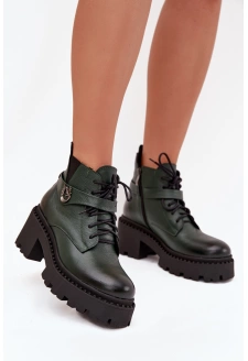 Dámské botky Zazoo – kožené, na blokovém podpatku s ozdobným páskem, tmavě zelené