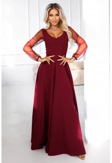 640-1 LORETTA wyjątkowa długa sukienka z tiulowymi rękawkami i dekoltem - bordowa