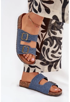 Dámské pantofle na korkové platformě s přezkami – tmavý denim