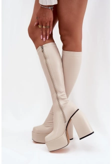 Dámské kozačky na sloupku a platformě Yavira – světle béžové