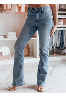 Spodnie damskie jeansowe dzwony z kwiatem FLOWERSSE niebieskie Dstreet UY2677