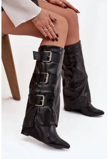 Dámské kotníkové boty Sarisse na klínovém podpatku se zahnutou manžetou a stříbrnými přezkami – černé