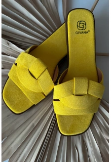 Dámské ploché pantofle s pásky z eko semiše Florane – žluté