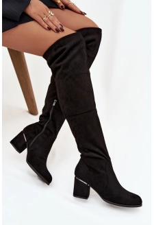 Dámské nadkolenní kozačky Zaretta na sloupku z eko‑semiše – černé