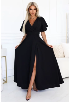 581-7 JENNIFER długa suknia z rozcięciem na nogę, rękawkiem i dekoltem - czarna