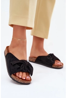 Dámské pantofle na korkové podešvi s mašlí – černé