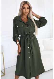 531-5 Szmizjerka midi ze złotymi guzikami i wiązaniem - KHAKI