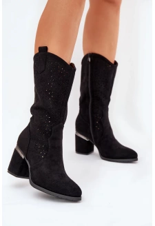 Dámské perforované kozačky do poloviny lýtka ve stylu kovbojek S.Barski – černé, eko kůže
