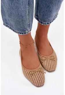 Dámské baleríny s pletením a mašlí Belirra – camel