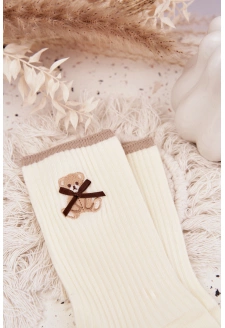 Bavlněné žebrované ponožky s medvídkem – ecru