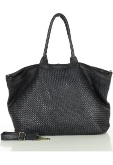 MARCO MAZZINI Černá kožená shopper kabelka s pletenou přední částí