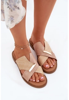 Dámské pantofle na nízkém podpatku s ozdobným detailem Vinceza – béžové