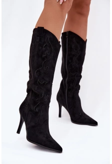 Dámské kozačky na podpatku – „kovbojky“ z eko‑semiše Belonia (černé)