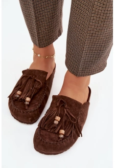 Dámské mule pantofle s třásněmi a korálky – čokoládové Belissa